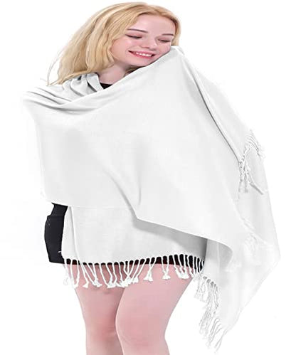 CJ Apparel Solid Color Tassels Design Nepalese Shawl Scarf Wrap Stole Throw Head Wrap Pashmina Gift Hand Made in Nepal New - color: Brilliant White