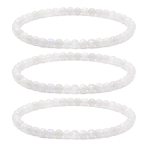 Justinstones Gem Semi Precious Gemstone 3pcs 4mm Round Beads Stretch Bracelet 6.5 Inch Unisex - color: Moonstone
