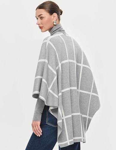 PULI Womens Elegant Cross Front Shawl Wraps Knitted Ponchos Cape Light Weight Poncho Sweater Soft Warm Travel Wraps - color: Classic Check-light Heather Gray and Ivory White