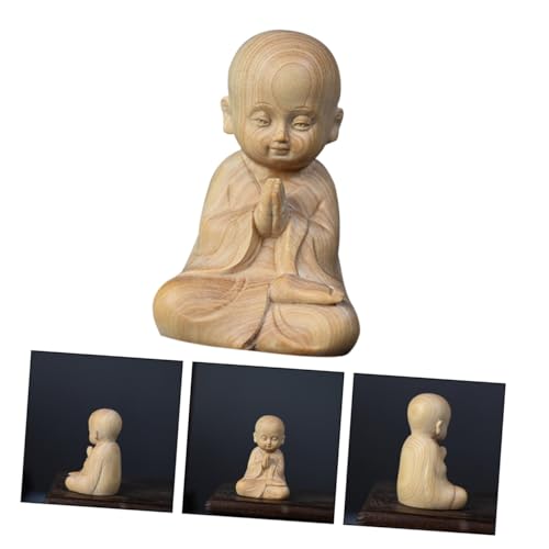 Healifty Boxwood Monk Figurine Hand Carved Desktop Decoration for Home Office Small Pet Ornament Delicate Wood Sculpture for Meditation Feng Shui Decor