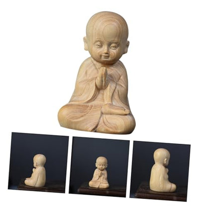 Healifty Boxwood Monk Figurine Hand Carved Desktop Decoration for Home Office Small Pet Ornament Delicate Wood Sculpture for Meditation Feng Shui Decor