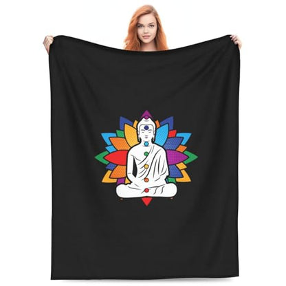 Buddha Chakra Meditation Fleece Blanket 60"x50" Black - Lightweight Plush Fuzzy Cozy Super Soft Warm Throw Blanket for Bed, Sofa, Couch, Travel, Camping - size: 60"x50"