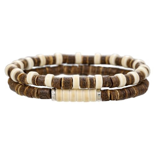 Puka Shell Bracelet for Men Wooden Bracelets Turquoise Stack Beaded Minimalist Trendy Jewelry for Friend Gift - style: 2pcs-Brown White