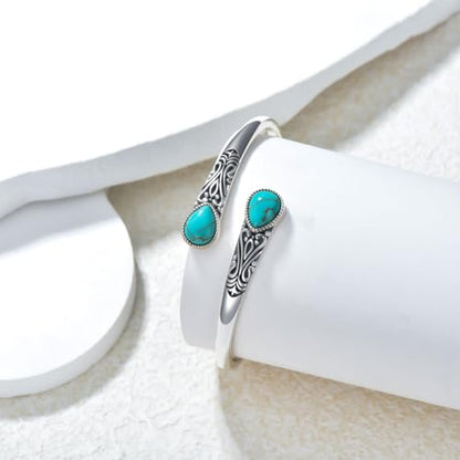925 Sterling Silver Genuine Gemstone Bracelet for Women Men Handmade Adjustable Boho Navajo Style Bangle Cuff Natural Stone Jewelry Gift - color: Turquoise