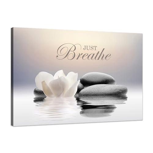 Zen Stone Canvas Wall Art Just Breathe Yoga Quotes Poster for Spa Decor White Lotus Flower Pictures Prints for Bathroom Modern Spiritual Artwork Framed (12 x 16inches) - color: mindset lotus 02, size: 12"L x 16"W