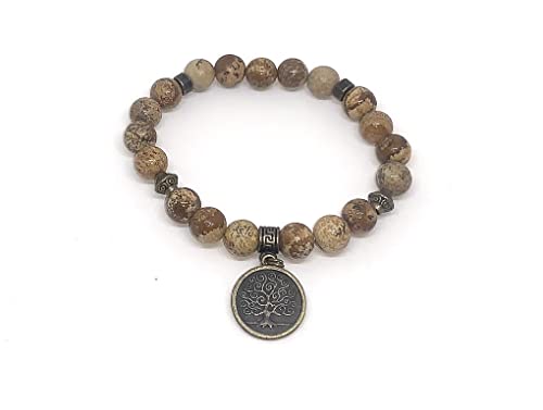 Stability and Consciousness,Picture Jasper Gemstone Bracelet,Tree of Life Bracelet,Mala Bracelet,Yoga Bracelet,Meditation Bracelet,Japa Mala