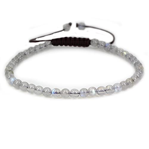 Keleny Natural Gemtones 4mm Round Beads Crystal Adjustable Braided Macrame Tassels Bracelets Unisex - color: Grey Labradorite