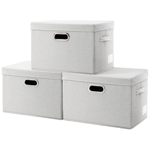 PRANDOM Large Collapsible Storage Bins with Lids [3-Pack] Fabric Foldable Storage Boxes Organizer Containers Baskets Cube with Cover for Home Bedroom Closet Office Beige(17.3x11.8x11.8) - color: Beige, size: L(3-Pack)