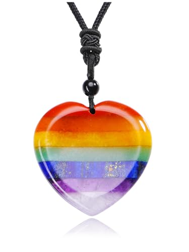 Jovivi Natural 7 Chakras Healing Crystals Necklace Heart Gemstone Palm Worry Stone Chakra Pendant Necklace for Anxiety Stress Relief Balancing Meditation - color: Heart-shaped