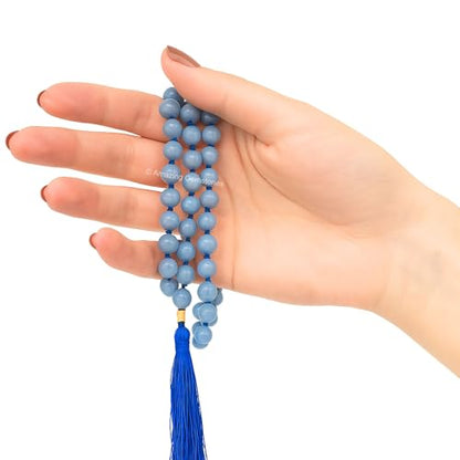Amazing Gemstone Japa Mala 108 Prayer Beads Necklace and Wrist Mala Bracelet for Meditation - color: Angelite, size: Hand Knotted
