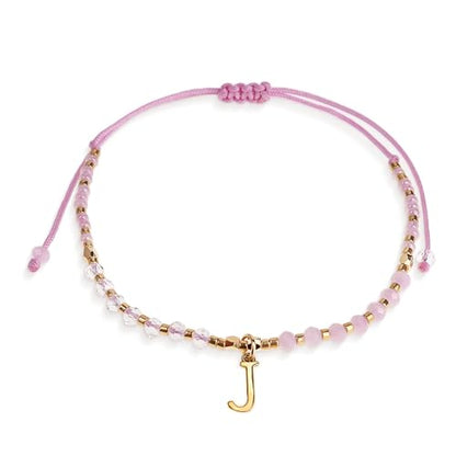 Pink Gold Beaded Natural Stone Initial Bracelets for Women Teen, Boho Handmade Personalized Gemstone Beads Letter Name Braided Rope Adjustable Bracelet Beach Bohemian Jewelry Gift - color: J