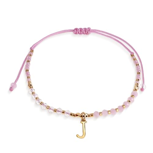 Pink Gold Beaded Natural Stone Initial Bracelets for Women Teen, Boho Handmade Personalized Gemstone Beads Letter Name Braided Rope Adjustable Bracelet Beach Bohemian Jewelry Gift - color: J