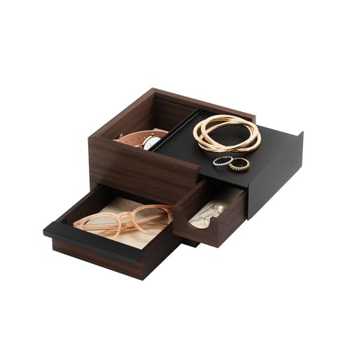 Umbra Mini Stowit Jewelry Box - Modern Keepsake Storage Organizer with Hidden Compartment Drawers for Ring, Bracelet, Watch, Necklace, Earrings, and Accessories, Black/Walnut - color: Black/Walnut, size: Small