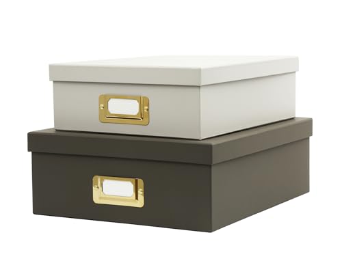 2-Piece Decorative Storage Boxes with Lids, Rich and Soft Gray, Sturdy Cardboard File and Keepsake Organizer with Metal Label Holders, Stackable Document Storage Boxes for Home & Office - color: GREY