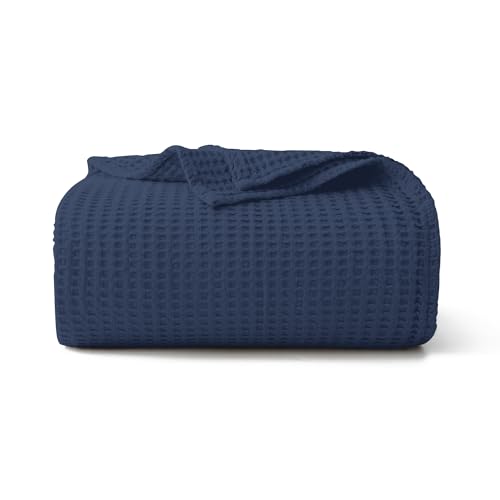 100% Cotton Waffle Blanket (Navy Blue - Queen Size - 90 * 90''), Pre-Washed and Anti-Shrinkage Soft Lightweight Bed & Couch Blanket, 380 GSM Waffle Weave Throw Blanket for All Seasons - color: Navy Blue, size: Queen (90"*90")