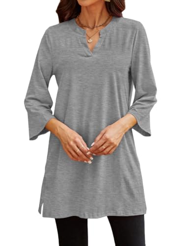 Poetsky Womens Tunic Tops 3/4 Bell Sleeve Loose Fit Tunics Dressy Casual Side Split Flare Top for Leggings S-3XL - color: Grey, size: 3X-Large