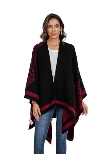 Shawl Wraps for Women, Elegant Knitted Cape Open Front Poncho Scarf Blanket Cardigan Coat for Spring, Autumn, and Winter - color: Black Red