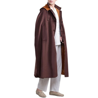 Meditation Prayer Hooded Cloak Long Button Down Unisex Cape Double Layer Warm Medieval Coat Poncho - color: Coffee, size: Medium