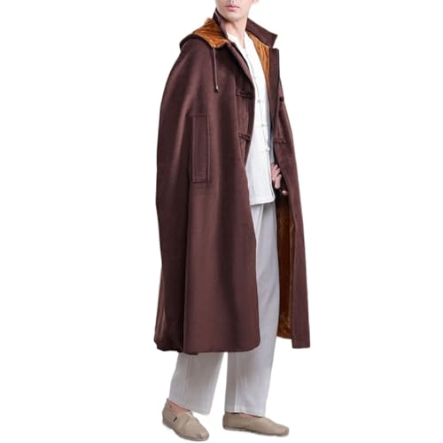 Meditation Prayer Hooded Cloak Long Button Down Unisex Cape Double Layer Warm Medieval Coat Poncho - color: Coffee, size: X-Large