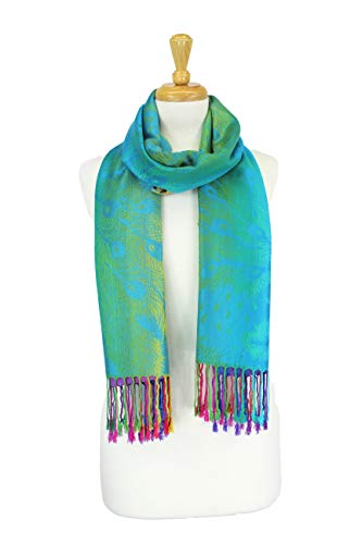 PASKMLNA Double Side Multi Colors Silky Tropical Colorful Exotic Pashmina Wrap Shawl Scarf Rave - color: 050-turquoise Blue Multi Feathers