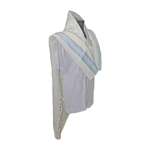 100% Wool Kosher Mehudar Badats Traditional Tallit Prayer Shawl, Tallit with a super elegant look - color: With Sky Blue Stripes, size: Size 60 - 75 X 55 Inch