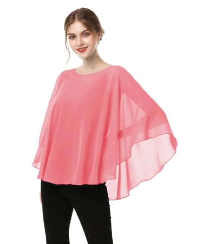 Capes for Womens Casual chiffon shawl Casual Chiffon Cape Sheer shawls and wraps Poncho Capelets Cover Up - color: Coral
