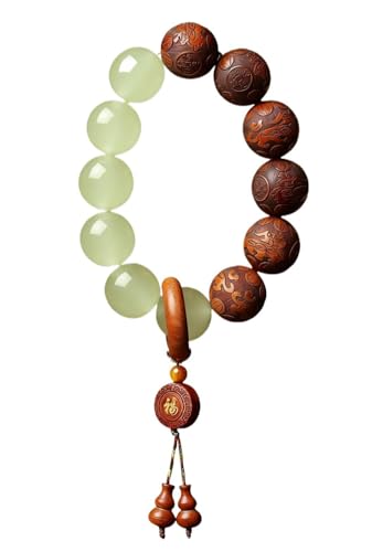 Pear Wood Buddha Beads Mala Bracelet Hand Carved Wooden Beads with Luminous Jade Lucky Charms Wealth Attracting Buddhist Prayer Bracelet for Men and Women Healing Energy Running Ring