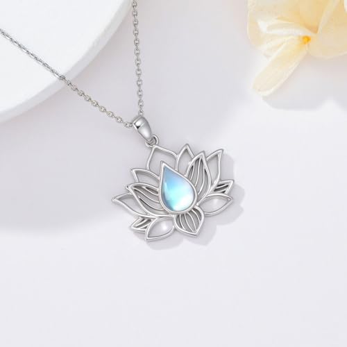 Lotus Necklaces for Women 925 Sterling Silver 7 Chakra/Yin Yang Pendant Necklace Spiritual Lotus Jewelry Birthday Yoga Gifts - style: Moonstone-Lotus