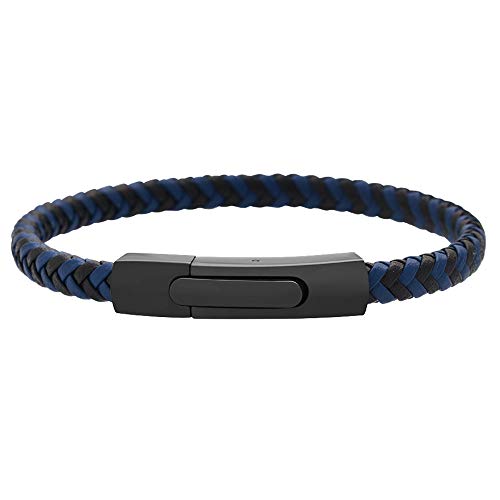 Geoffrey Beene Men's Braided Genuine Leather Fashion Bangle Bracelet with Stainless Steel Clasp - color: Blue