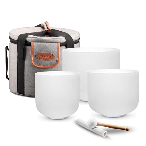 Ryan Dvan 3Pcs Set of 6inch 7 inch 8 inch Crystal Singing Bowl Sound bath Bowl with Padded Carrying Case and Suede Striker Sound Health Bowl 432hz White set 6-8 Inch (6B+7G+8F)