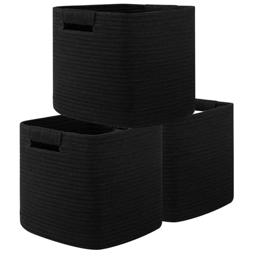 OIAHOMY Storage Cubes 11 Inch Storage Bins-3-Pack, Cotton Rope Woven Baskets for Organizing, Square Storage Baskets for Shelves Organizer, Classroom, Kids Toy Bins, Closet, Baby Nursery-Black - color: Black