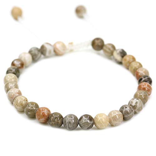 Angelstones Handmade Gemstone 6mm Round Beads Adjustable Braided Macrame Tassels Chakra Reiki Bracelets 7-9 inch Unisex - color: Coral Fossil