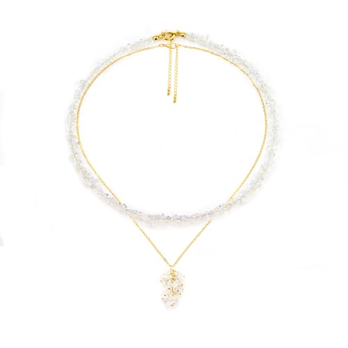2Pcs Crystal Necklace for Women Handmade Choker Necklaces Pendant Necklace Natural Stone Gemstone Beaded Necklace 18k Gold Plated Adjustable Dainty Necklace for Women - color: Opal