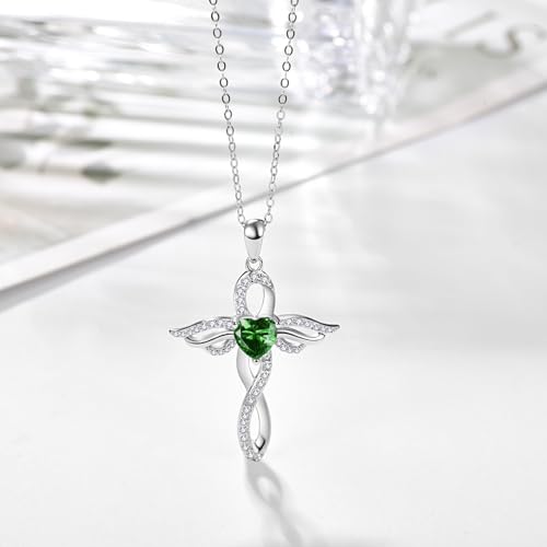 TANGPOET Angel Wings Necklace for Women 925 Sterling Silver Guardian Angel Pendant, Heart Cross Birthstone Necklace, Birthday Jewelry Gifts for Her - style: 5-May Emerald