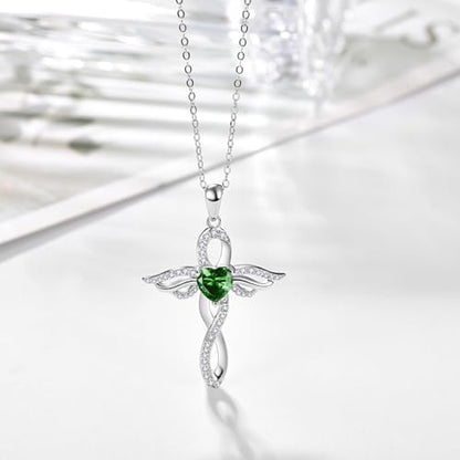 TANGPOET Angel Wings Necklace for Women 925 Sterling Silver Guardian Angel Pendant, Heart Cross Birthstone Necklace, Birthday Jewelry Gifts for Her - style: 5-May Emerald
