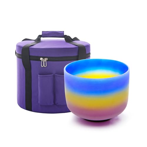 KVKA 8 Inch A Note Third Eye Chakra Rianbow Color Frosted Quartz Crystal Singing Bowl with Carrying Case for Yoga Sound Musical Instrument - color: A Rainbow