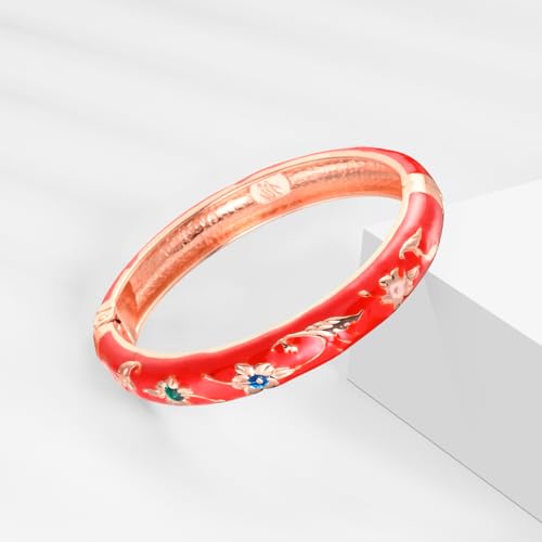 UJOY Classic Cloisonne Bracelets Enamel Jewelry Plated Bamboo Flower Cuff Metal Bangle for Women Gift Box - color: A81-Flower-Red and Yellow