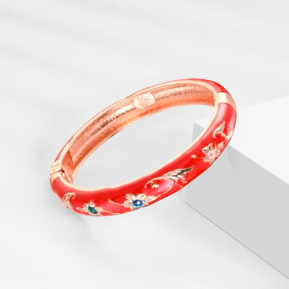 UJOY Classic Cloisonne Bracelets Enamel Jewelry Plated Bamboo Flower Cuff Metal Bangle for Women Gift Box - color: A81-Flower-Red and Yellow