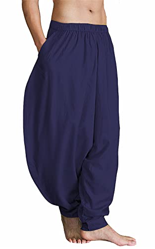 CLANMILUMS Men's Cotton Harem Pants Casual Loose Hippie Drop Crotch Trouser - color: Navy, size: 3X-Large