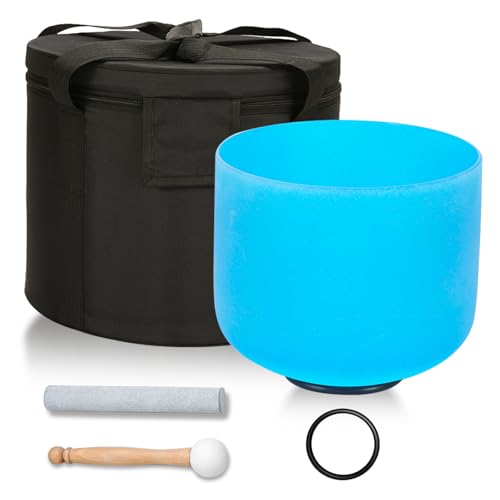 432HZ 8 Inchs G Note Blue Frosted Crystal Singing Bowl for Meditation Healing Yoga Chakra Quartz Crystal Sound Bowls with Heavy Duty Carry Case and Rubber Mallet,Suede Striker,O-rings - color: G Note Blue, size: 8 inch Throat Chakra