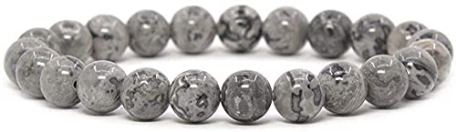 Amandastone Natural Gemstone 8mm Round Beads Stretch Bracelet 7 Inch - color: Black Lace Gray Picture