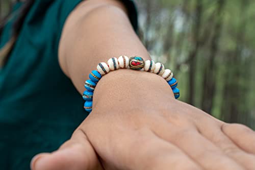 Handmade Embedded Medicine Healing Bracelet Multi-Bead Spacer Bangle Adjustable Wrist Mala for Meditation Choices Color (Blue 1/White)