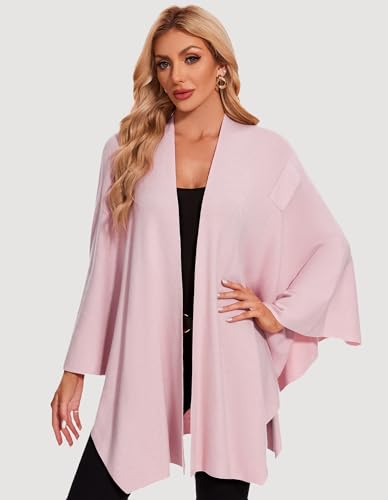 PULI Womens Elegant Cross Front Shawl Wraps Knitted Ponchos Cape Light Weight Poncho Sweater Soft Warm Travel Wraps - color: Pink
