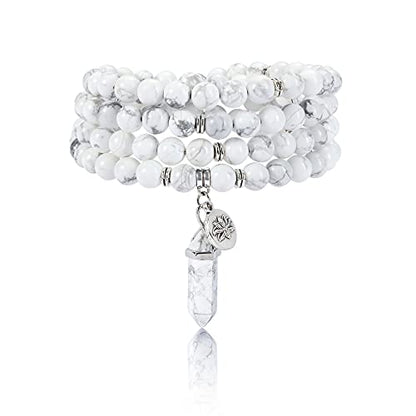 Jovivi 108 Mala Beads Bracelet 8mm Natural Amethyst Rose Quartz Healing Crystal Stone Mala Prayer Bead Necklace Hexagonal Prism Gemstone Reiki Pointed Pendant for Yoga Meditation Energy Balancing - color: White Turquoise Crystal