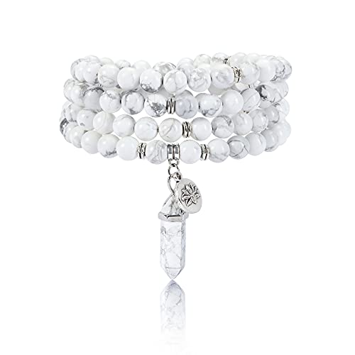 Jovivi 108 Mala Beads Bracelet 8mm Natural Amethyst Rose Quartz Healing Crystal Stone Mala Prayer Bead Necklace Hexagonal Prism Gemstone Reiki Pointed Pendant for Yoga Meditation Energy Balancing - color: White Turquoise Crystal