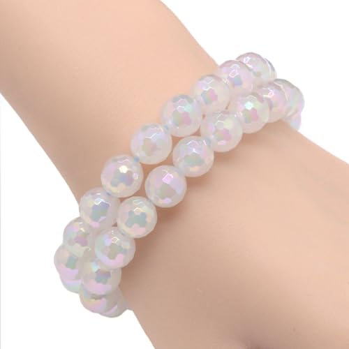Justinstones Gemstone Crystals Chakra Beads Bracelet Crystal Healing 10mm Round Stretchable Bracelet for Her Gift - color: Faceted Electroplated White Agate（AB color）
