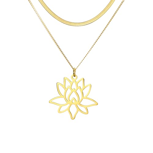 VASSAGO Buddha Lotus Necklace for Women Yoga Healing Pendant Stainless Steel Flower Necklace Buddhist Necklace Unalome Symbol Amulet Religious Jewelry - color: gold 10