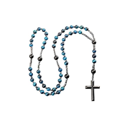 LIYAPEI Triple Protection Necklace with Tiger Eye, Obsidian, and Hematite - Stylish Men's Cross Necklace and Women's Y-Shaped Sweater Chain An Anxiety Relief Beaded Necklace. - color: Tiger Eye Blue