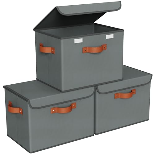 Univivi Heavy Duty Fabric Storage Bins with Lid, Large 17" 10 Gallon Stackable Storage Cube with Leather Handles, Decorative Storage Boxes with Lids for Bedroom, Closet, Nursery, Office, 3-Pack(Grey) - color: Fabric Grey