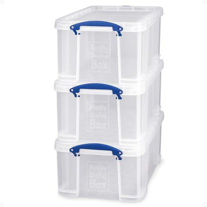 Really Useful Box 3-Pack Clear Stackable Storage Containers with Snap Lids, 32 Liters - Plastic Organizer Bins with Clip-Lock Handles for Home, Bedroom, Closet, Bathroom, Garage, and Office